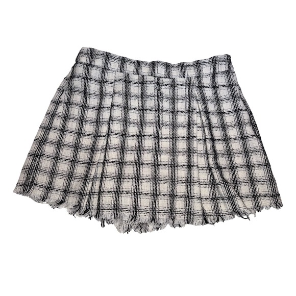 Umgee Pants - Umgee Women Black White Plaid Tweed Metallic Pleated Frayed Hem Skort L A0291